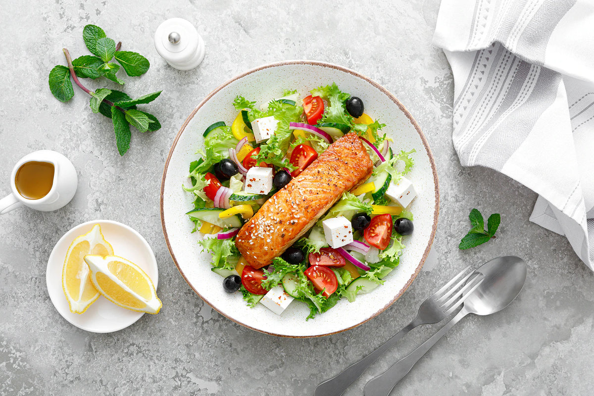 Grilled Salmon Greek Salad Recipe – KaraMD®